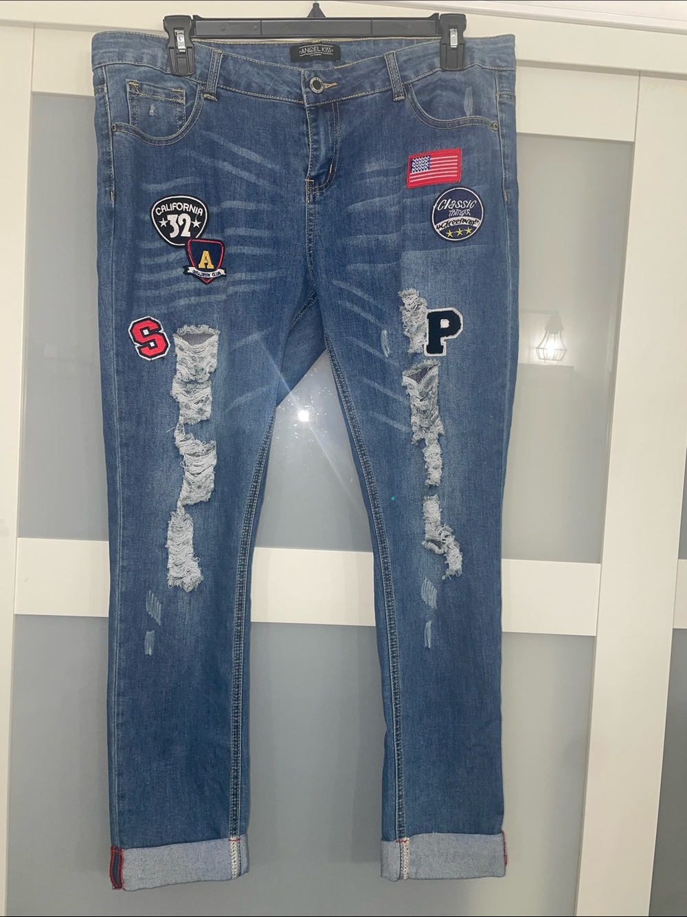Angel Kiss Distressed Blue Boyfriend Jeans with Patch Accents